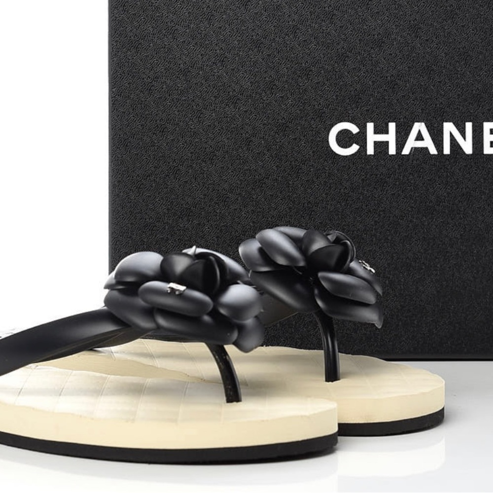 CHANEL PVC Camellia Thong Sandals 40 Black